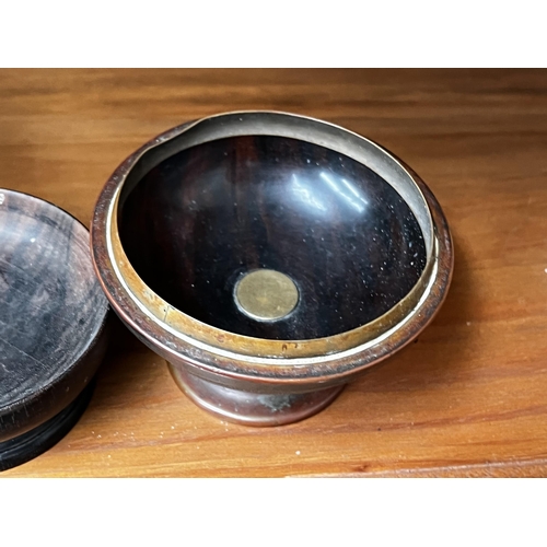 274 - Tortoise shell lidded jar, a pair of ebony candlesticks and bowl, approx 14cm H and shorter