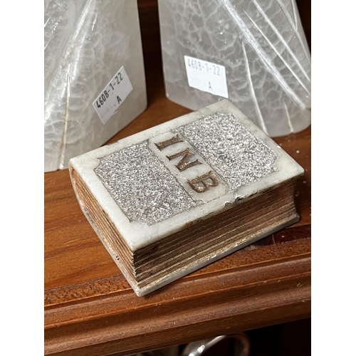 275 - Pair of cockatoo bookends and a book paperweight, approx 15cm H and shorter