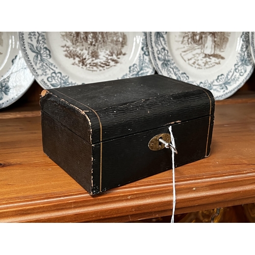 279 - Small antique jewellery box with key, approx 8cm H x 15cm W x 11cm D