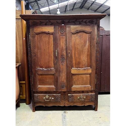 535 - Antique late 18th century French oak two door armoire, fitted with two drawers below, no key, approx... 