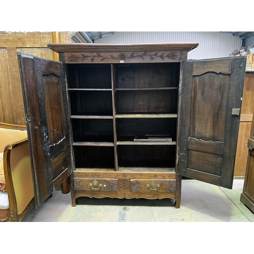 535 - Antique late 18th century French oak two door armoire, fitted with two drawers below, no key, approx... 