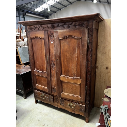 535 - Antique late 18th century French oak two door armoire, fitted with two drawers below, no key, approx... 