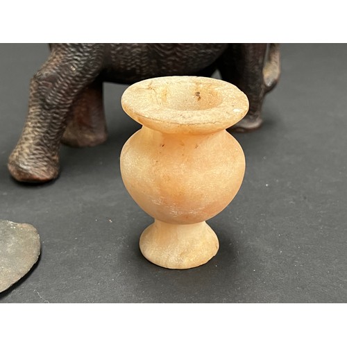 95 - Rhino, small alabaster urn  and axe shaped item, approx 17cm h and smaller (3)