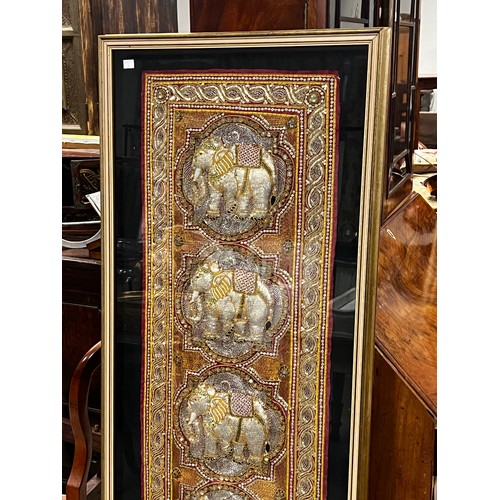 538 - Shadow framed hand worked panel of five elephants, approx 148cm x 51cm