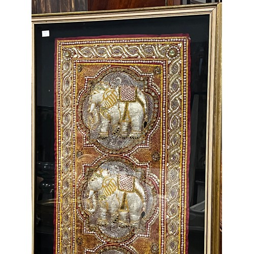 538 - Shadow framed hand worked panel of five elephants, approx 148cm x 51cm
