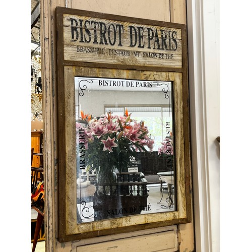 69 - Modern decorative French style mirror, with advertising graphics, approx 95cm H x 64cm W