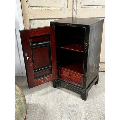 42 - Old Chinese black and gilt painted pedestal cabinet, approx 75cm H x 47cm W x 41cm D