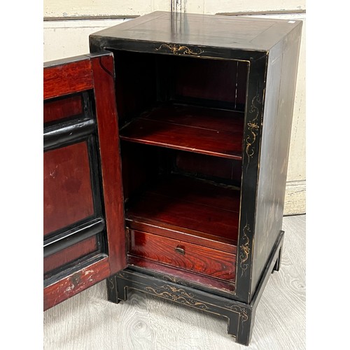 42 - Old Chinese black and gilt painted pedestal cabinet, approx 75cm H x 47cm W x 41cm D