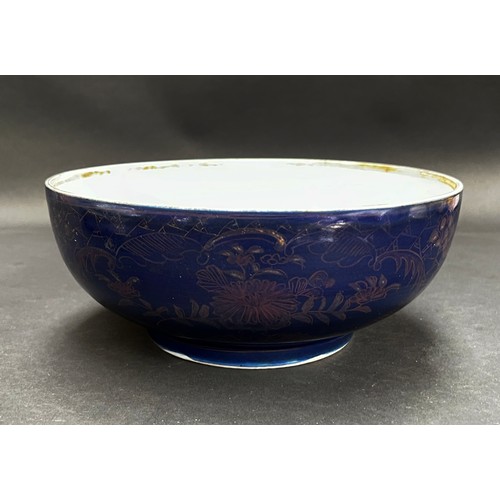 10 - Antique early 19th century Chinese porcelain bowl, deep blue with faint gilt decoration, approx 10.3... 