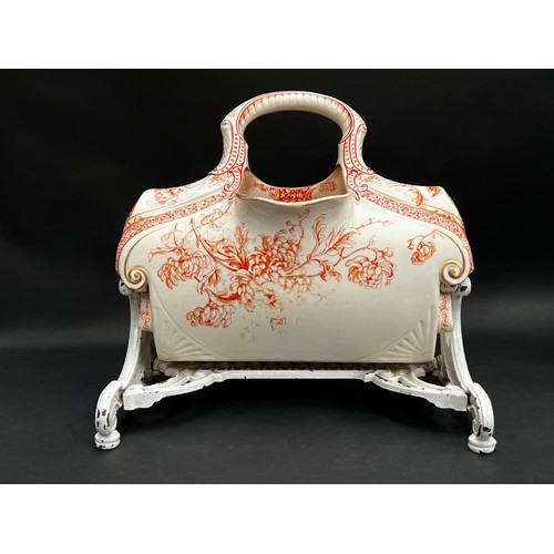 11 - Antique Doulton Burslem patent toilet jug and cast iron stand, approx 36 cm H x 30 cm W