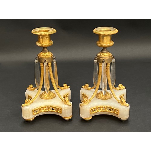 12 - Pair of antique gilt bronze and alabaster candlesticks, with applied drops, each approx 20cm H (2)