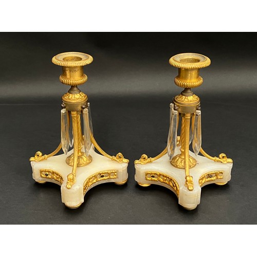 12 - Pair of antique gilt bronze and alabaster candlesticks, with applied drops, each approx 20cm H (2)