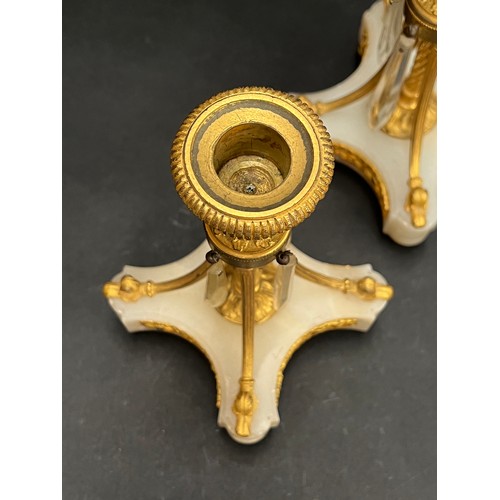 12 - Pair of antique gilt bronze and alabaster candlesticks, with applied drops, each approx 20cm H (2)