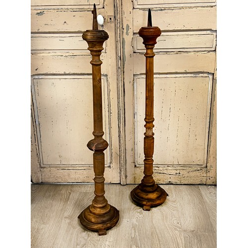 91 - Pair of tall turned wood ecclesiastical prickets, approx each 126cm H (2)