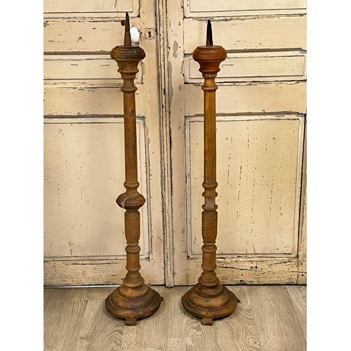 91 - Pair of tall turned wood ecclesiastical prickets, approx each 126cm H (2)