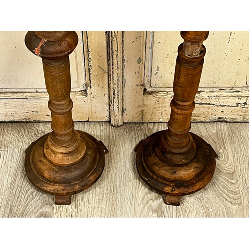 91 - Pair of tall turned wood ecclesiastical prickets, approx each 126cm H (2)