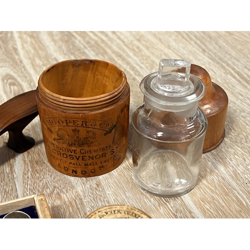 24 - Antique Treen Chemist jar Hooper and Co London, mauchline ware thimble box, titled The Beach Hasting... 