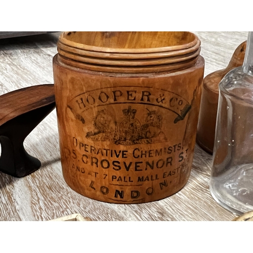 24 - Antique Treen Chemist jar Hooper and Co London, mauchline ware thimble box, titled The Beach Hasting... 