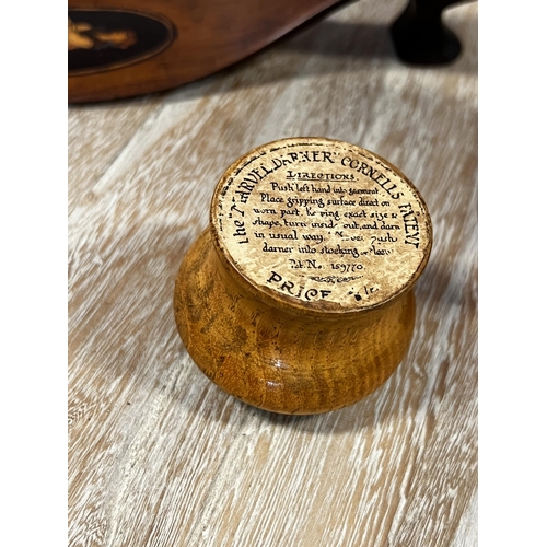 24 - Antique Treen Chemist jar Hooper and Co London, mauchline ware thimble box, titled The Beach Hasting... 