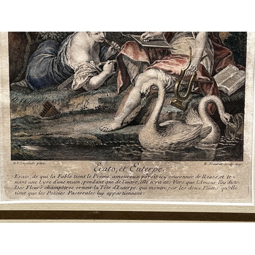 28 - After Nicolas Vleughels (1668-1737) France, Hand coloured engraving, 1719 titled Erato et Euterpe, a... 