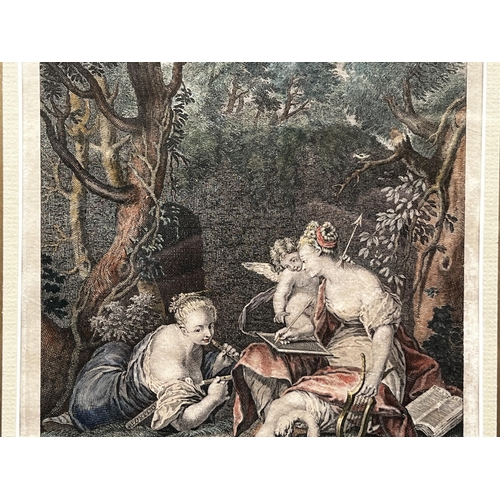 28 - After Nicolas Vleughels (1668-1737) France, Hand coloured engraving, 1719 titled Erato et Euterpe, a... 