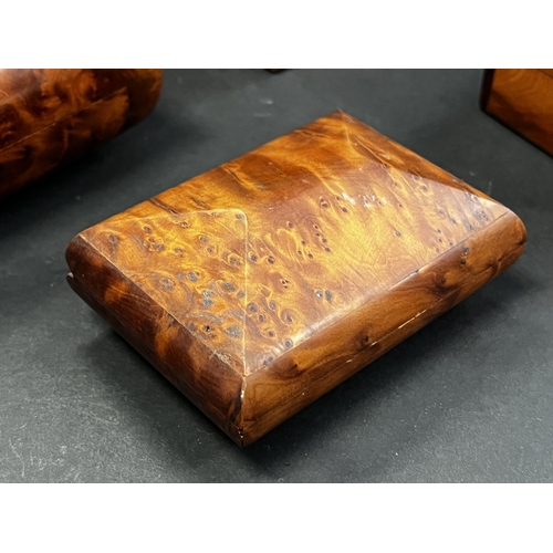 51 - Selection of modern burr wood boxes, approx 5cm H x 23cm W x 13cm D and smaller (5)