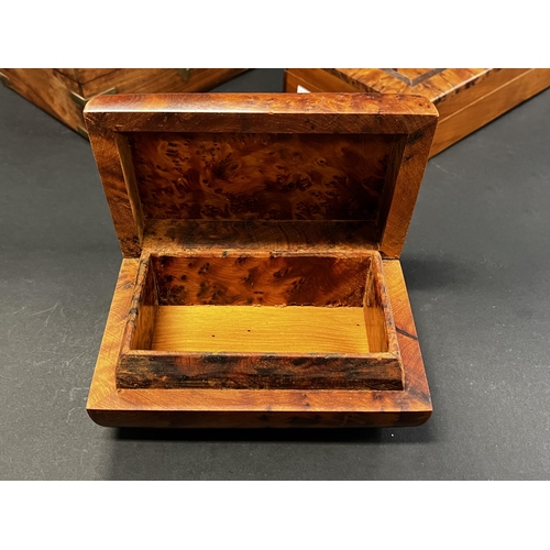 51 - Selection of modern burr wood boxes, approx 5cm H x 23cm W x 13cm D and smaller (5)