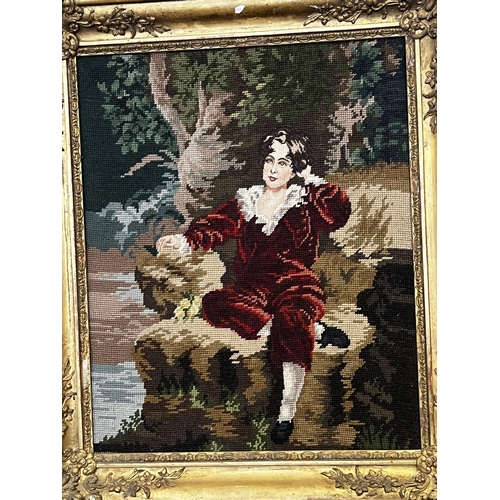 53 - Antique gilt gesso frame with later wool work picture, approx 50cm x 41cm