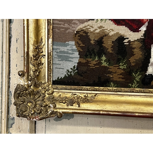 53 - Antique gilt gesso frame with later wool work picture, approx 50cm x 41cm