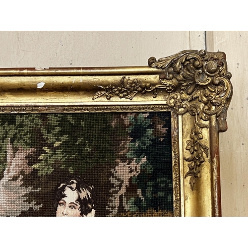 53 - Antique gilt gesso frame with later wool work picture, approx 50cm x 41cm