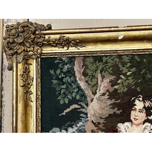 53 - Antique gilt gesso frame with later wool work picture, approx 50cm x 41cm