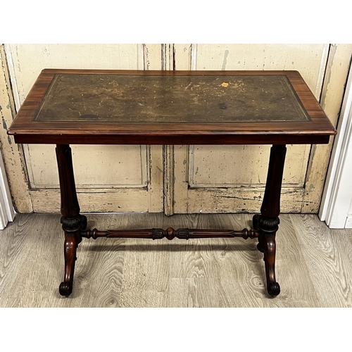 60 - Antique early Victorian rosewood leather topped library table, approx 75cm H x 89cm W x 53cm D