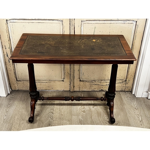 60 - Antique early Victorian rosewood leather topped library table, approx 75cm H x 89cm W x 53cm D