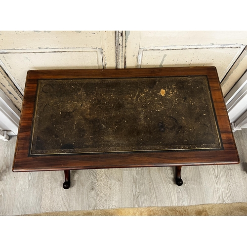 60 - Antique early Victorian rosewood leather topped library table, approx 75cm H x 89cm W x 53cm D