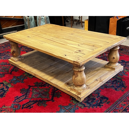 61 - Large rustic pine baluster support coffee table, approx 53cm H x 188cm W x 22cm D