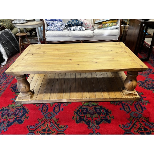 61 - Large rustic pine baluster support coffee table, approx 53cm H x 188cm W x 22cm D