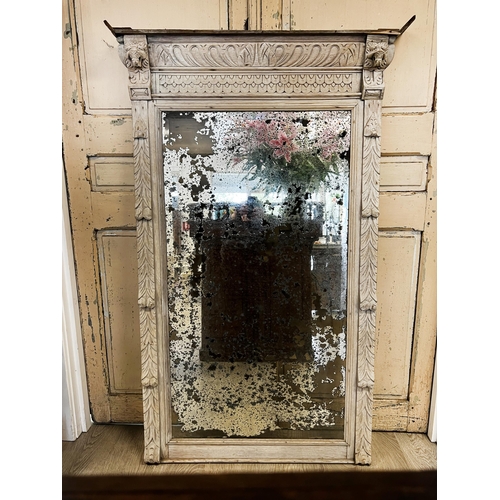 70 - Antique French carved oak distressed painted surround mirror, approx 155cm H x 96cm W x