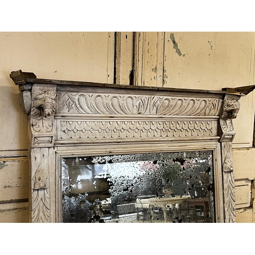 70 - Antique French carved oak distressed painted surround mirror, approx 155cm H x 96cm W x