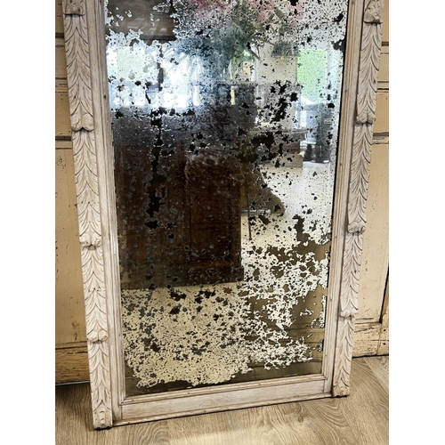 70 - Antique French carved oak distressed painted surround mirror, approx 155cm H x 96cm W x