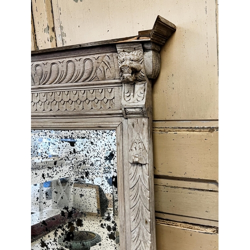 70 - Antique French carved oak distressed painted surround mirror, approx 155cm H x 96cm W x