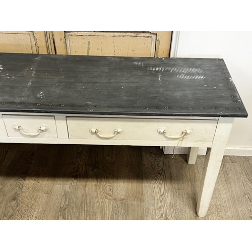 72 - Antique style constructed long three drawer country table, fitted with three drawers, standing on sq... 