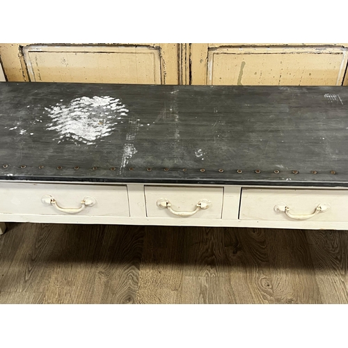 72 - Antique style constructed long three drawer country table, fitted with three drawers, standing on sq... 