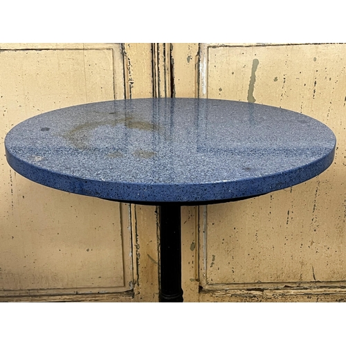 75 - French cast iron based café table, blue stained composite granite top, approx 73cm H x 60cm Dia