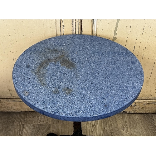 75 - French cast iron based café table, blue stained composite granite top, approx 73cm H x 60cm Dia