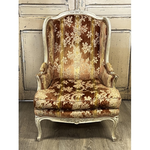 81 - Vintage Antique style painted frame wing lounge arm chair, cream distressed painted fame