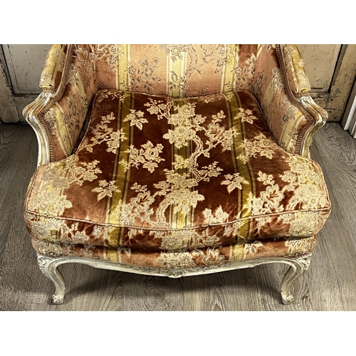 81 - Vintage Antique style painted frame wing lounge arm chair, cream distressed painted fame