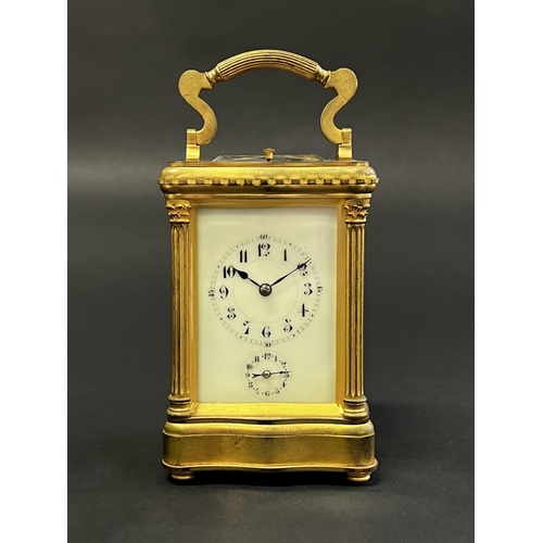 82 - Fine antique later 19th century French gilt brass grand Sonnerie carriage clock and case, alarm, pus... 