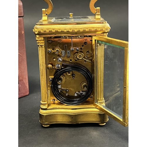 82 - Fine antique later 19th century French gilt brass grand Sonnerie carriage clock and case, alarm, pus... 