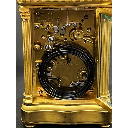 82 - Fine antique later 19th century French gilt brass grand Sonnerie carriage clock and case, alarm, pus... 