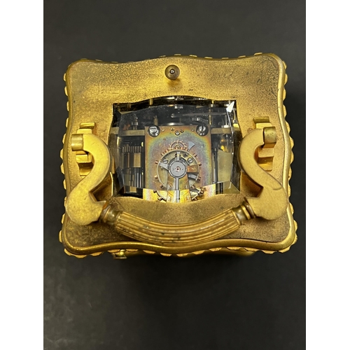 82 - Fine antique later 19th century French gilt brass grand Sonnerie carriage clock and case, alarm, pus... 